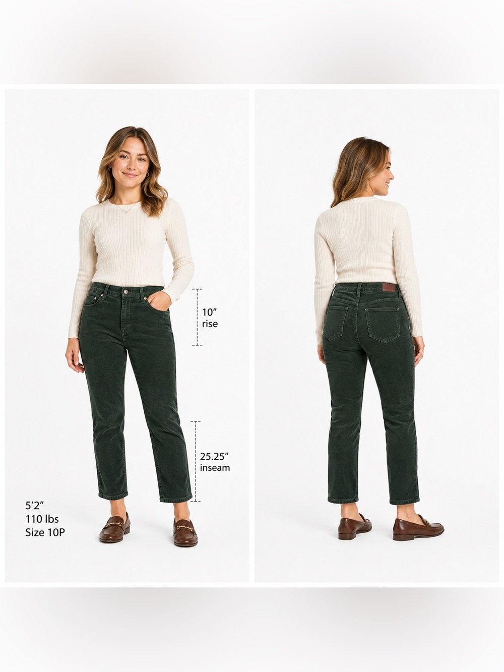 Lands’ End Corduroy Pants Women’s 10P Dark Green Fine Wale Mid Rise Petite NWOT